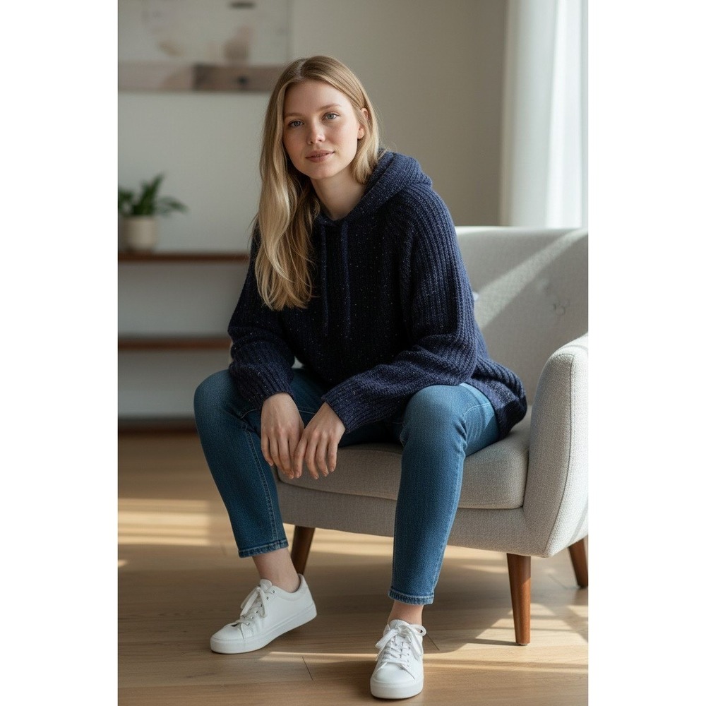 Aerie Hoodie Women Medium Blue Speckled Knit Sweater Oversized Ribbed Wool Blend